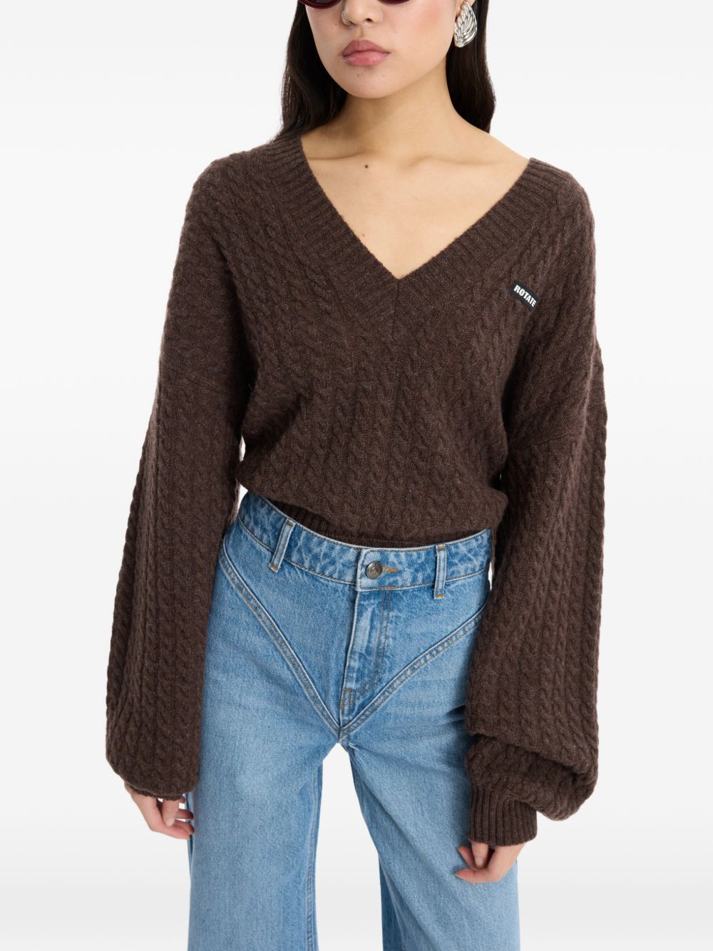 ROTATE Maglia a trecce in misto lana e cashmere con scollo a V 