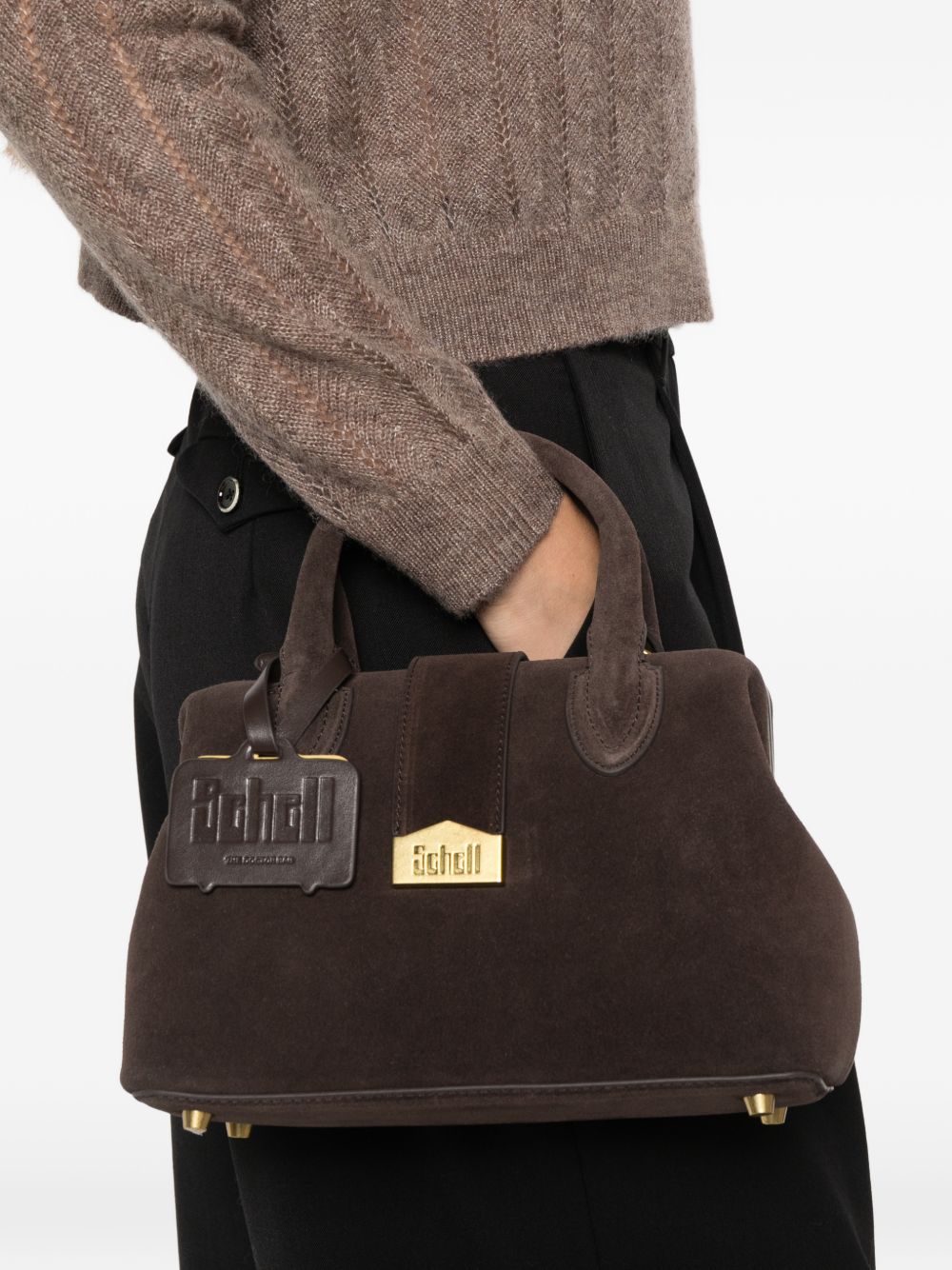 SCHELL Borsa a mano piccola color cioccolato in pelle scamosciata con tracolla removibile 