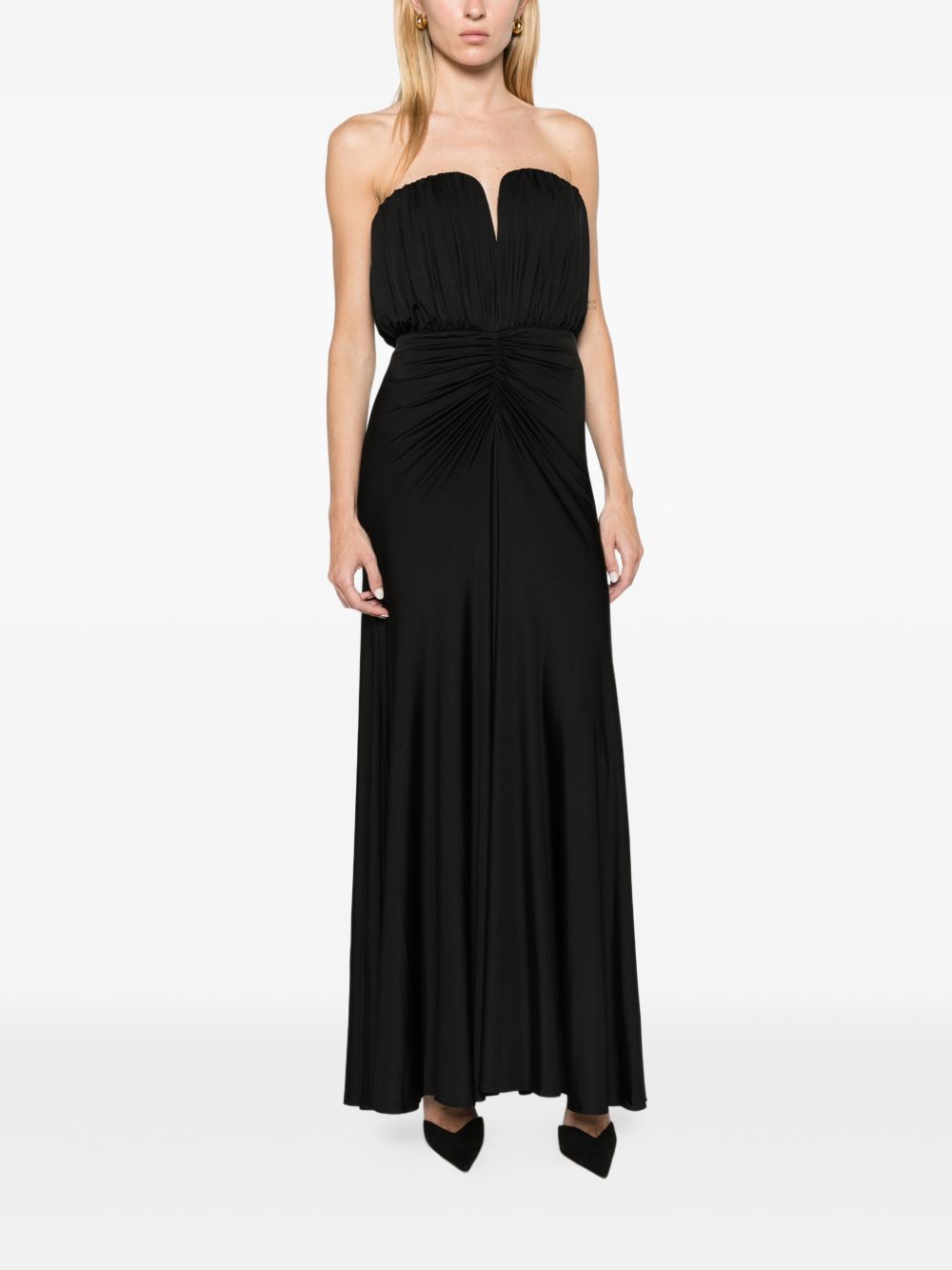 SELF PORTRAIT Abito Lungo Off-Shoulder Nero Plissettato con Vita Sagomata 