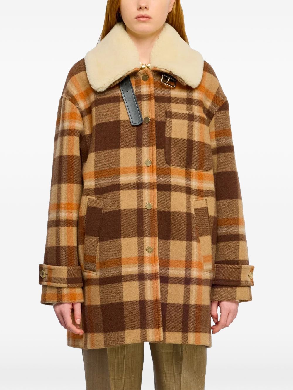 SEMICOUTURE Cappotto Check Moka con Collo in Montone 