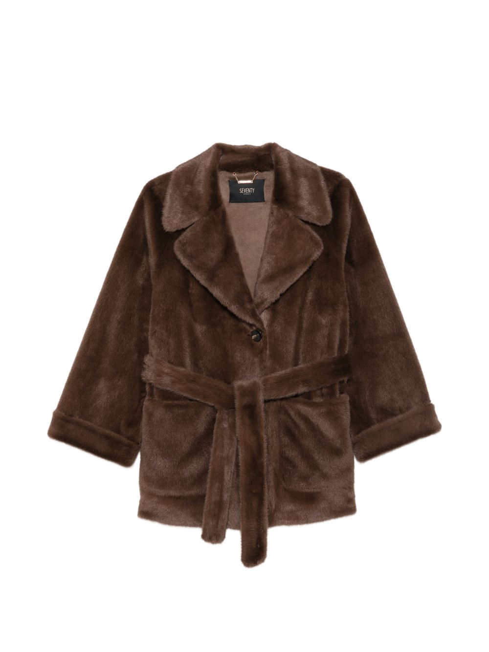 SEVENTY Giacca in ecopelliccia marrone con cintura e tasche 