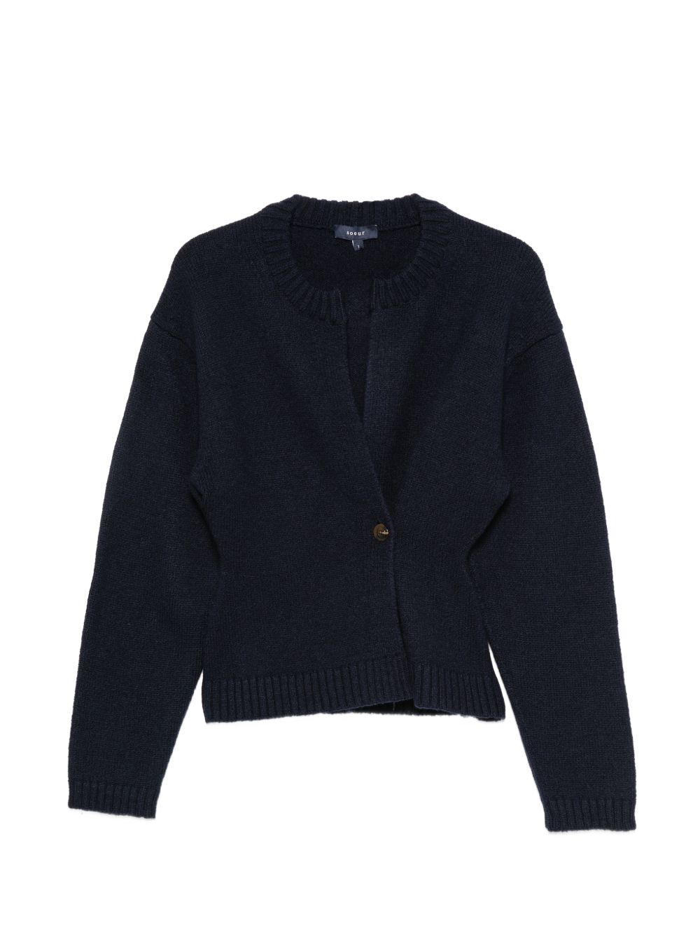 SOEUR Cardigan Galileo blu in lana merino con bottone asimmetrico 