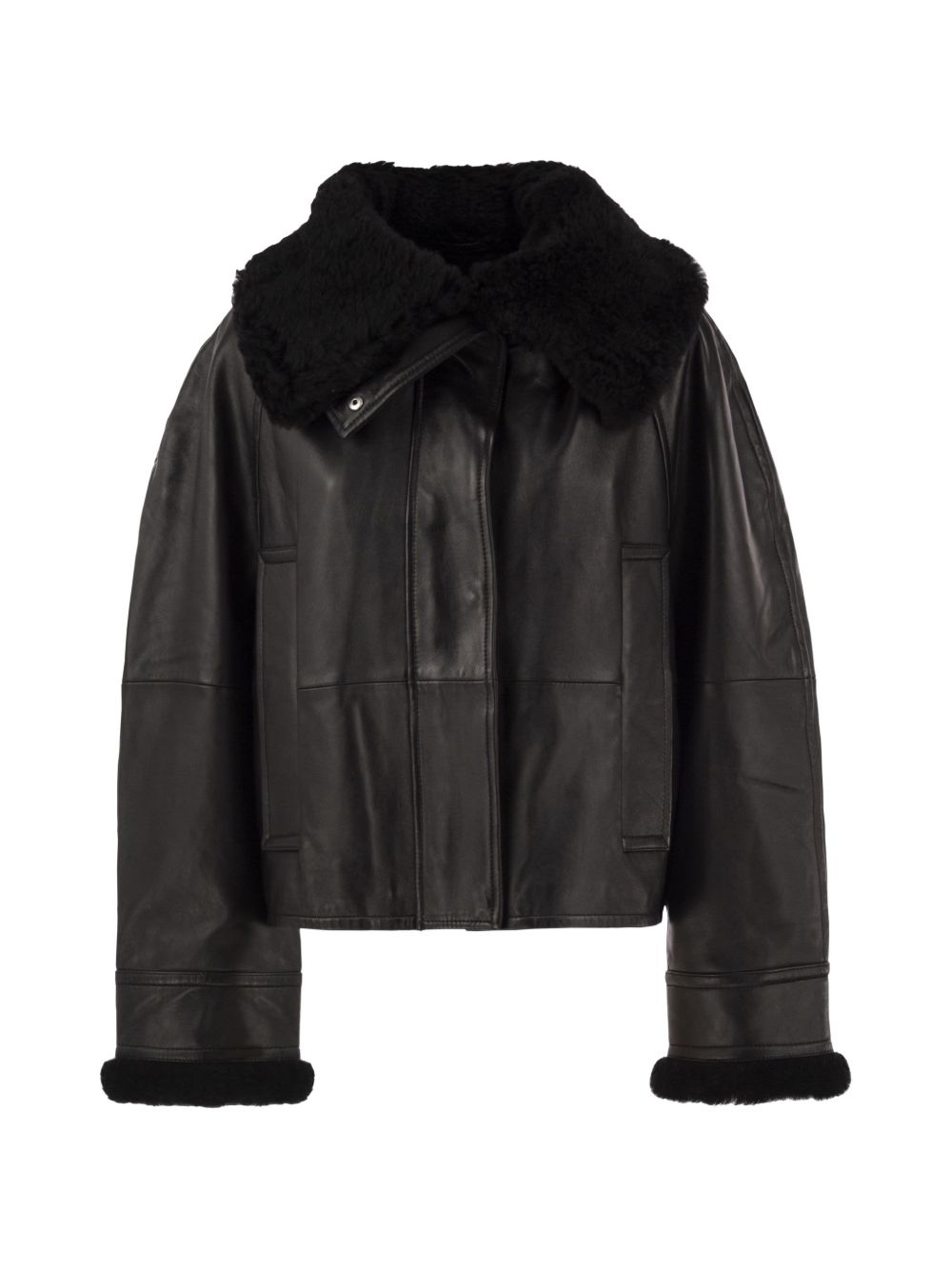 SPORTMAX Giacca in pelle nera con collo in shearling 