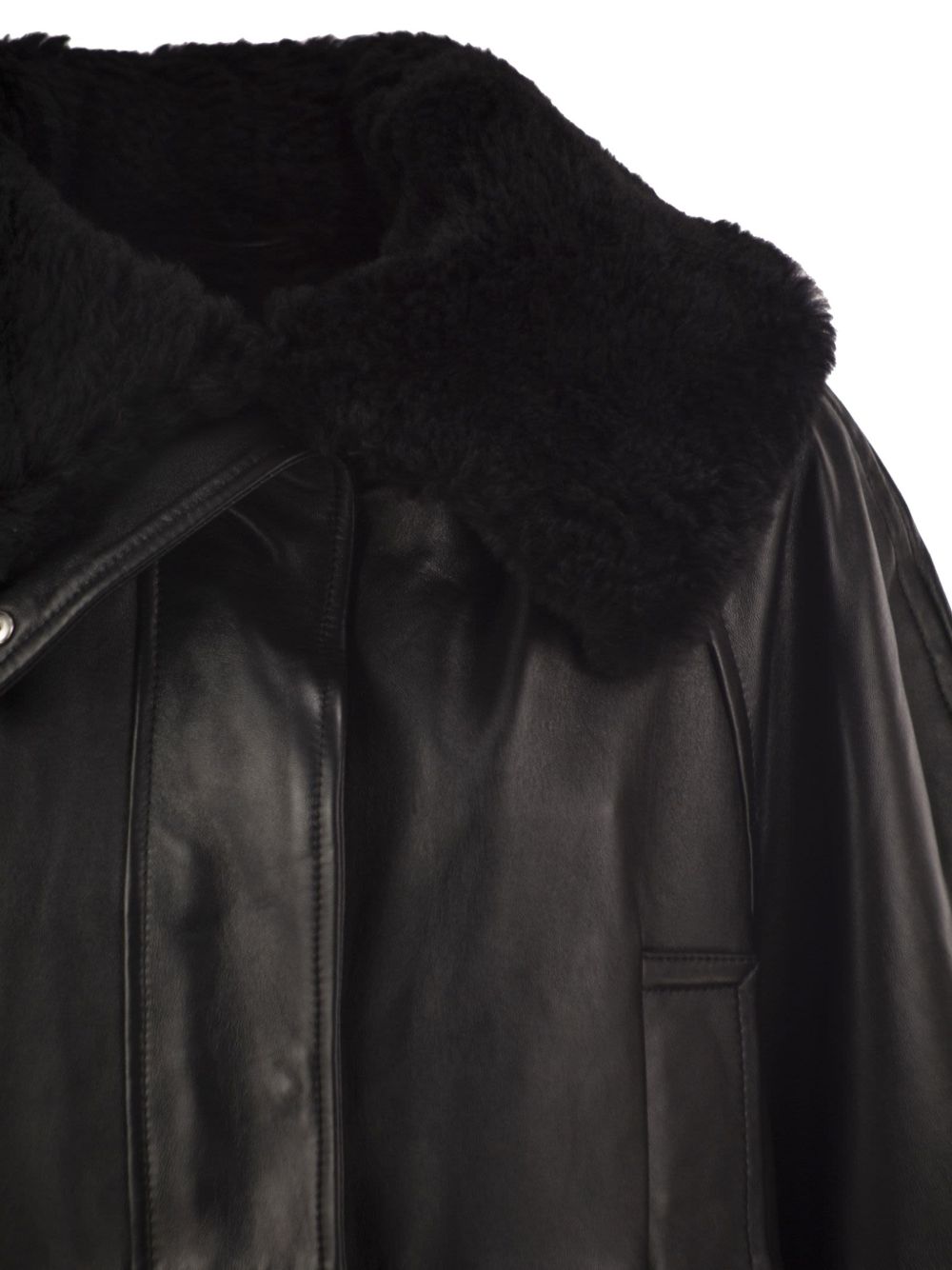 SPORTMAX Giacca in pelle nera con collo in shearling 