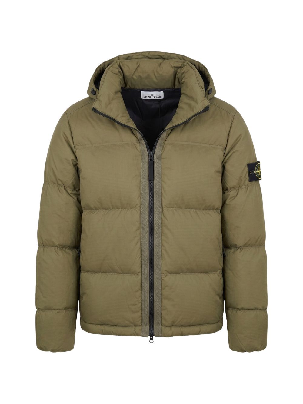 STONE ISLAND Giubbotto imbottito verde militare con cappuccio e tasche 