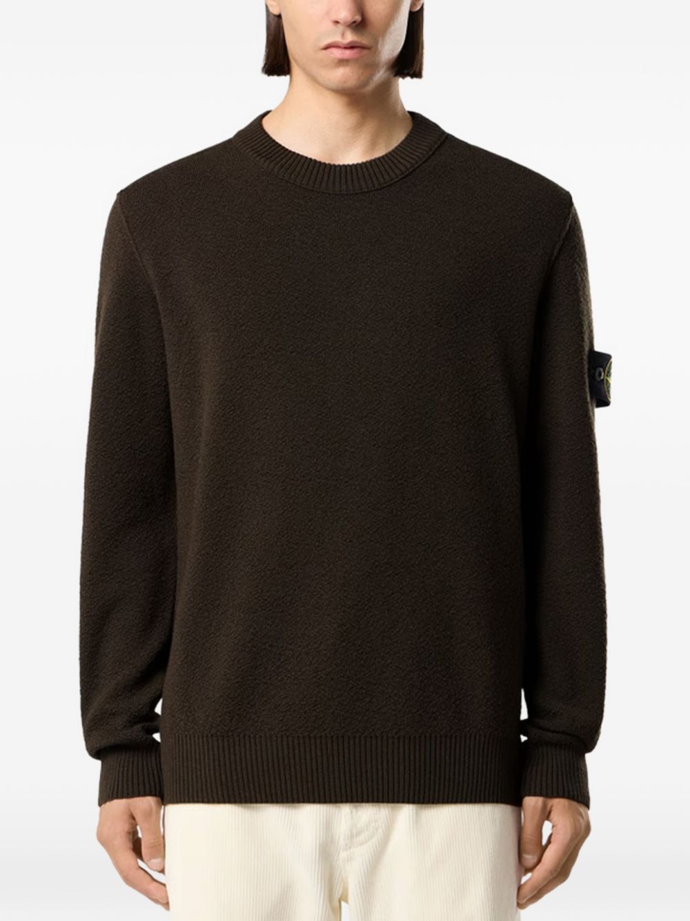 STONE ISLAND Maglia marrone in lana a girocollo con patch logo 