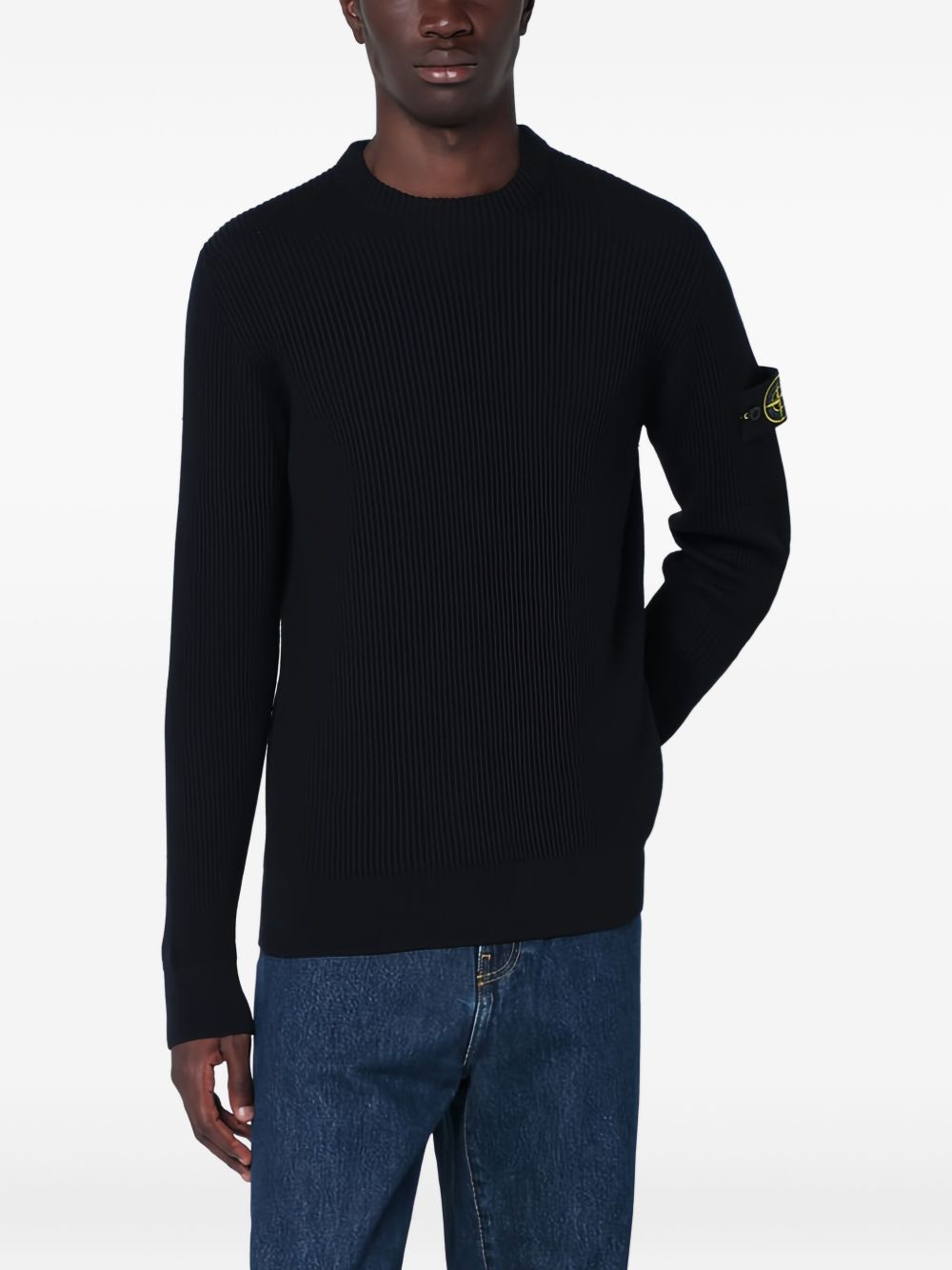 STONE ISLAND Maglia girocollo blu in lana vergine con patch logo 