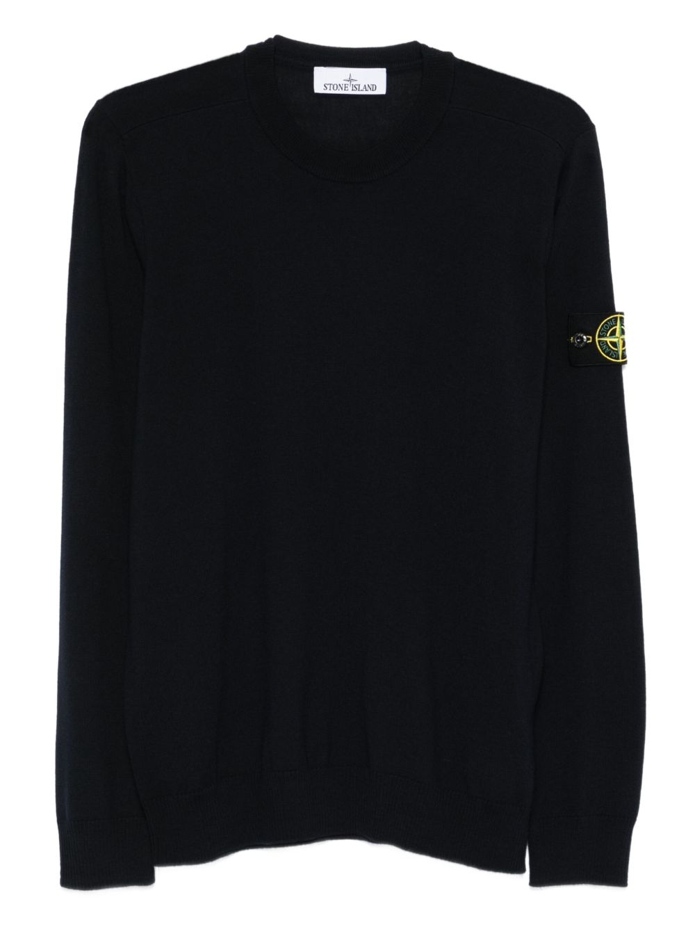 STONE ISLAND Maglia girocollo blu in lana con logo applicato 