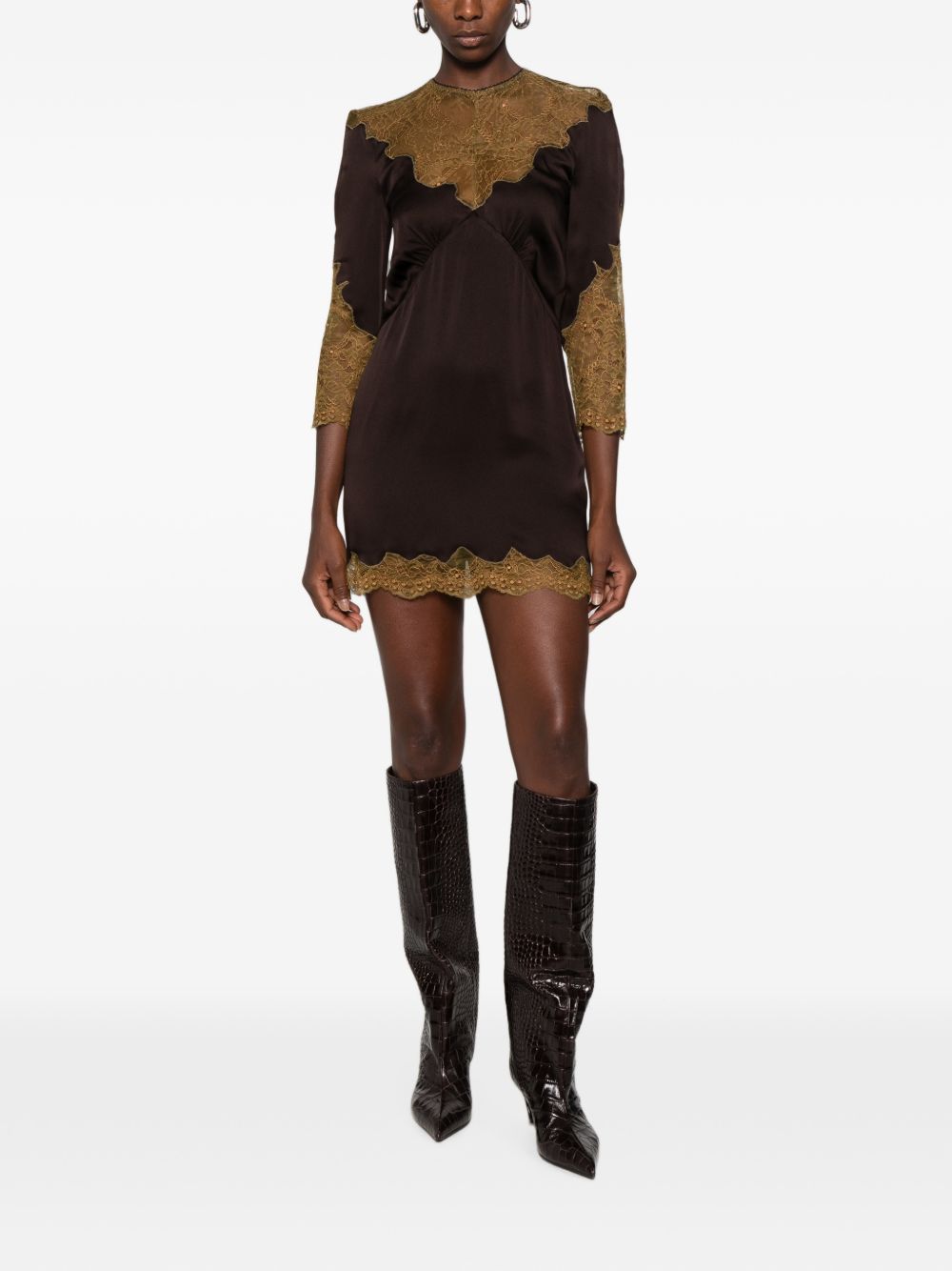 THE ATTICO Mini abito in satin e pizzo marrone e verde 