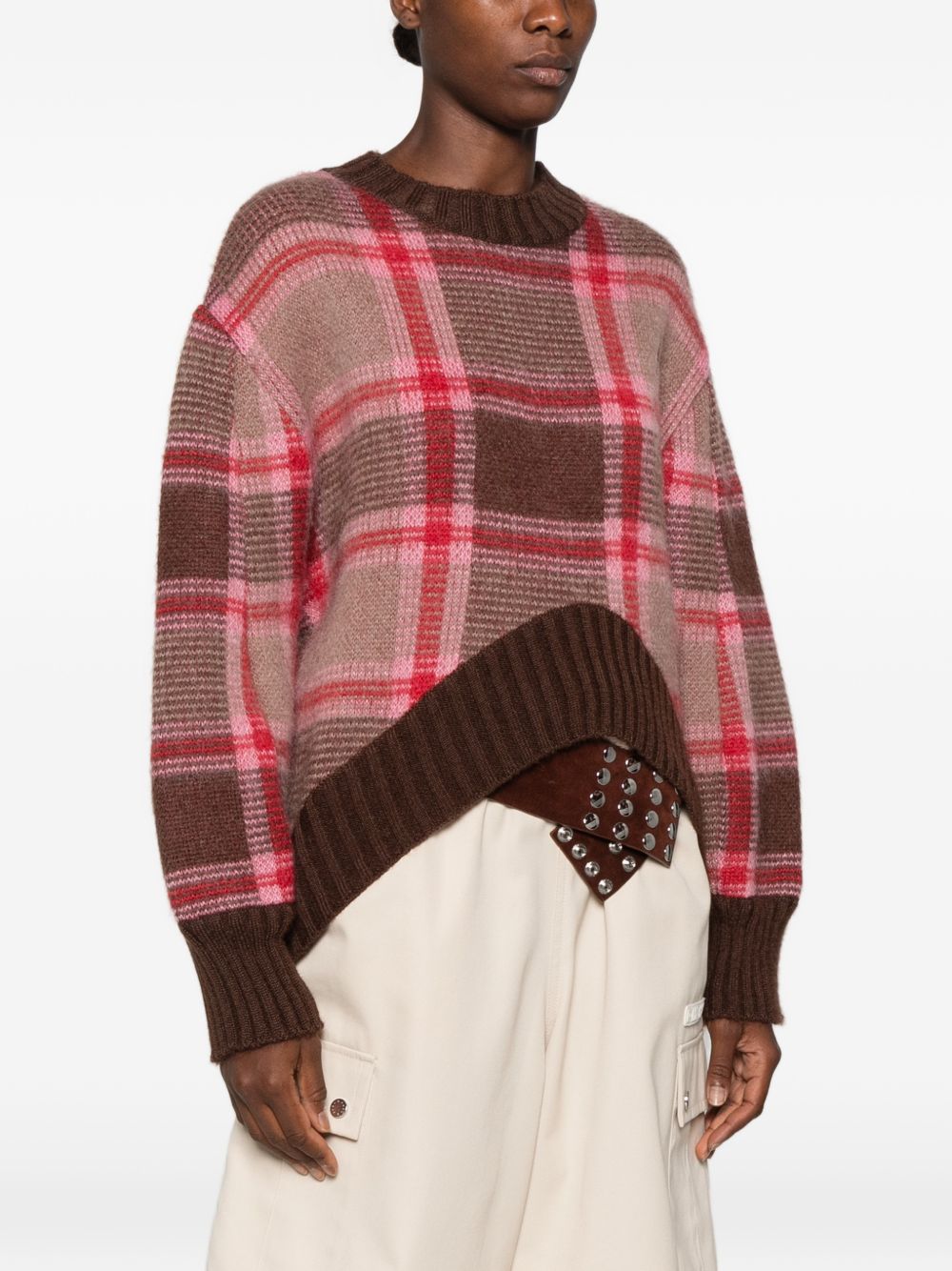 THE ATTICO Maglione girocollo in lana e mohair con motivo check caffè e rosa 