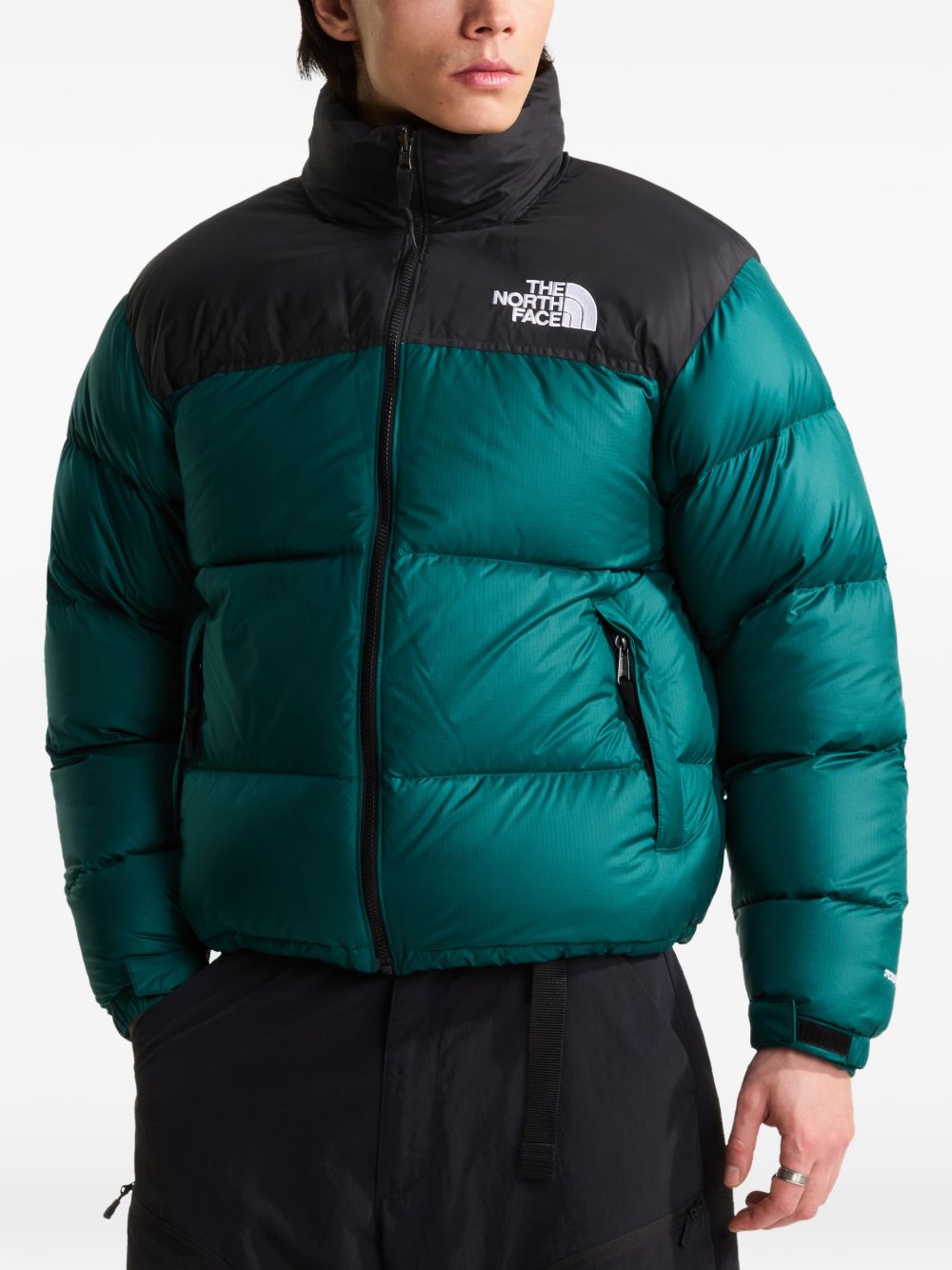 THE NORTH FACE Piumino corto con zip nero e verde con logo 