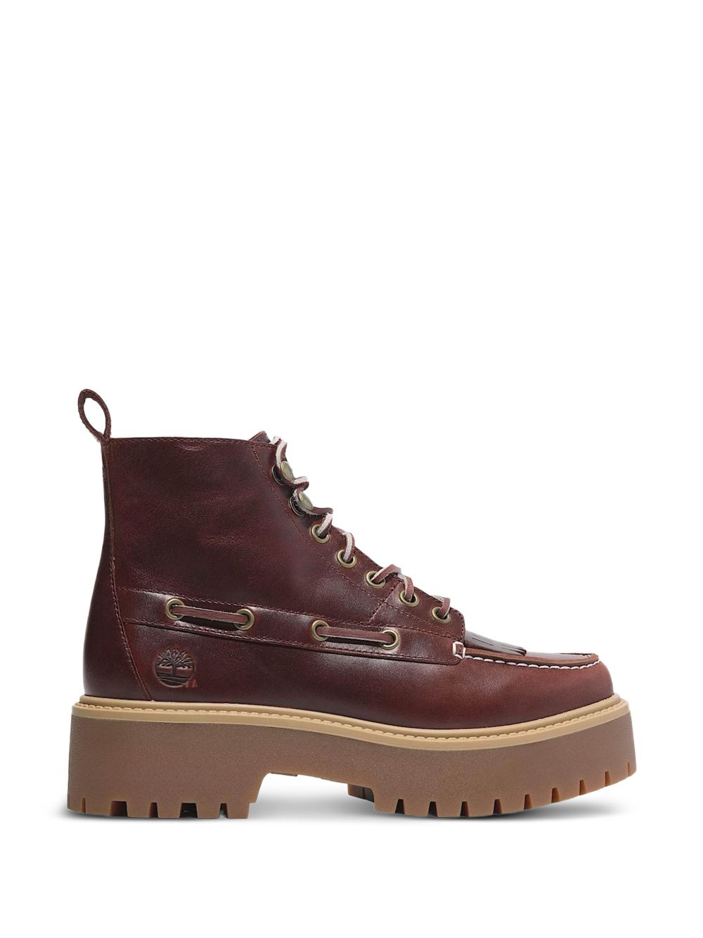 TIMBERLAND Stivaletti stringati marroni in pelle con suola carrarmato e frange 