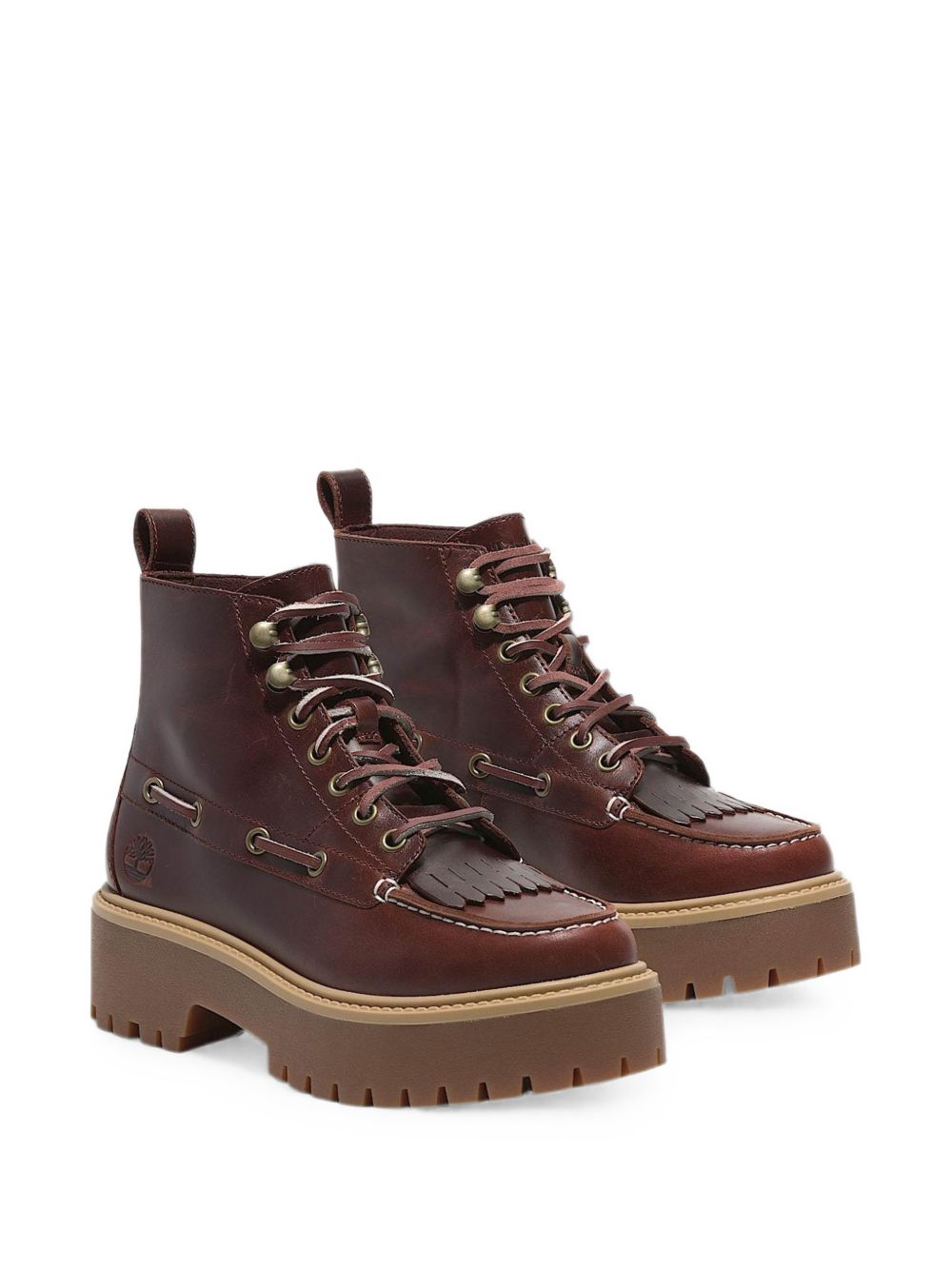 TIMBERLAND Stivaletti stringati marroni in pelle con suola carrarmato e frange 