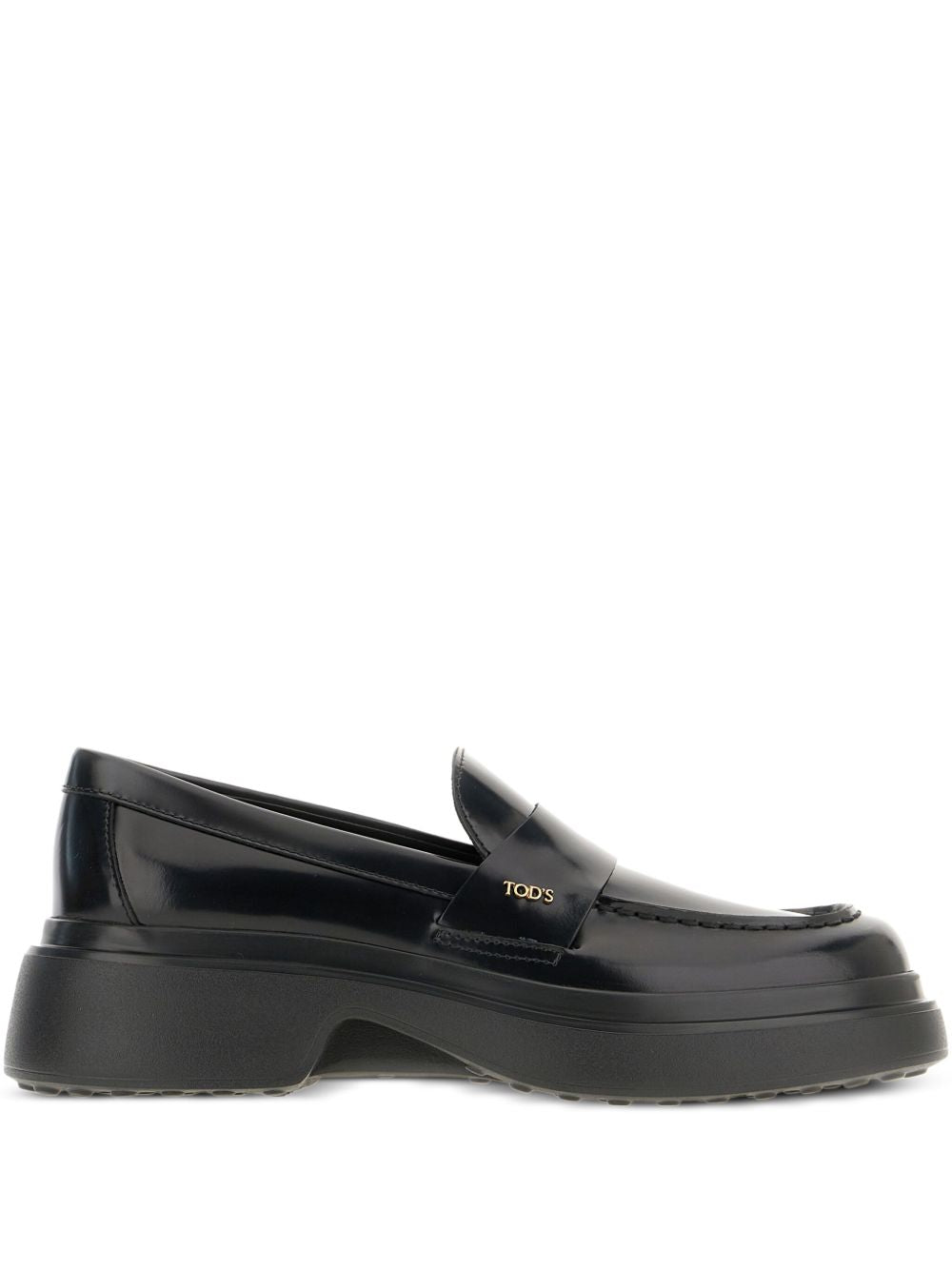 TODS Mocassini in pelle lucida nera con placca logo dorata 