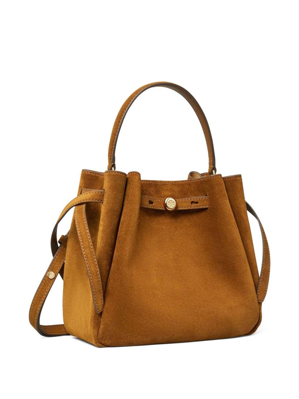 TORY BURCH Borsa a secchiello Romy in suede con tracolla e logo bottone 