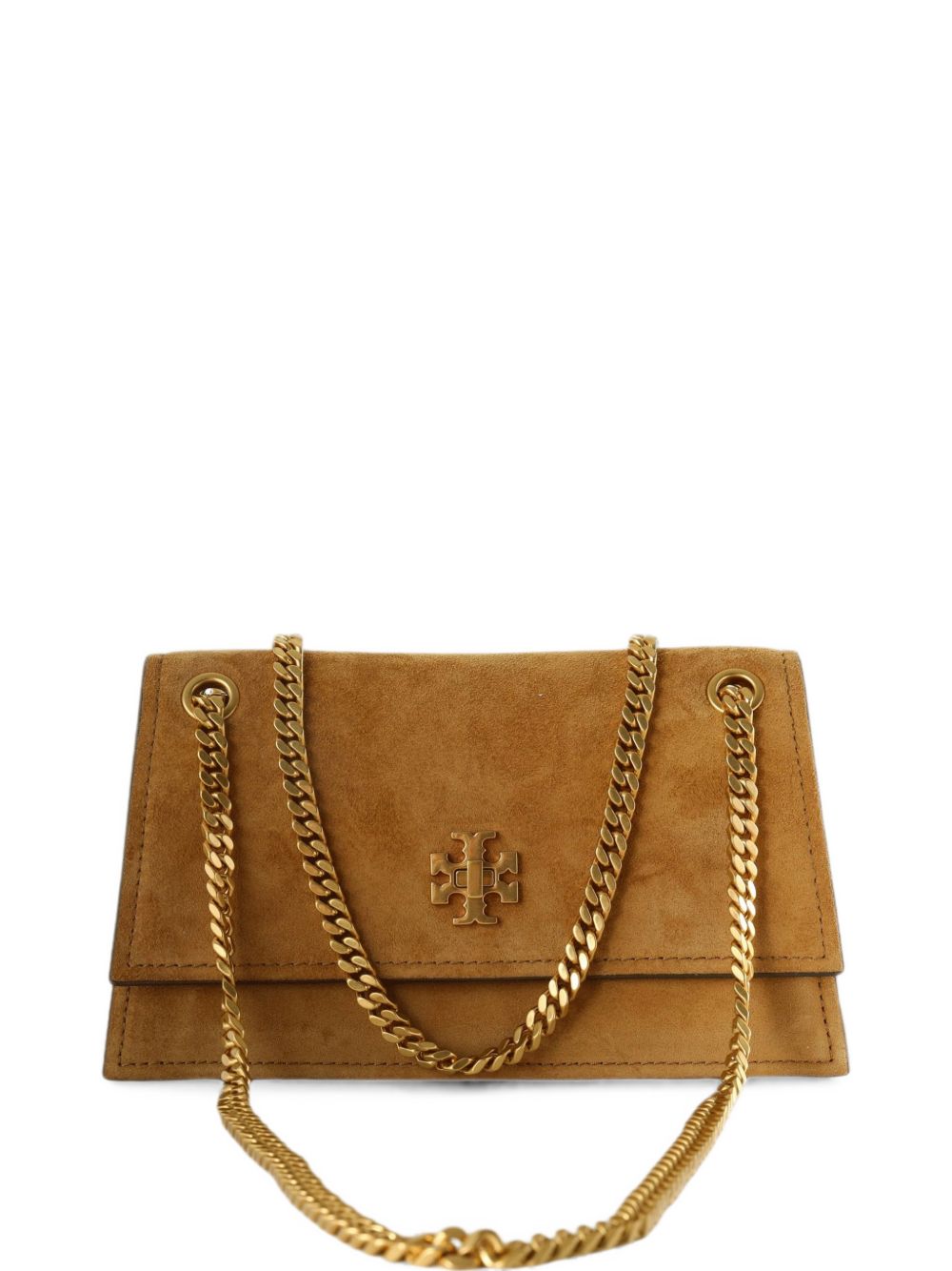 TORY BURCH Borsa mini Kira Turnlock in suede marrone chiaro con catena dorata 