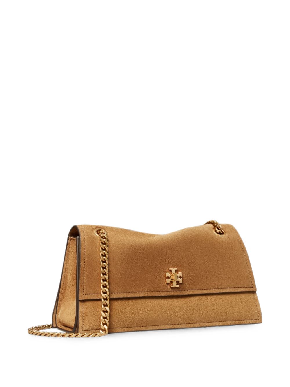 TORY BURCH Borsa Kira Turnlock Suede Shoulder Bag marrone con catena dorata 