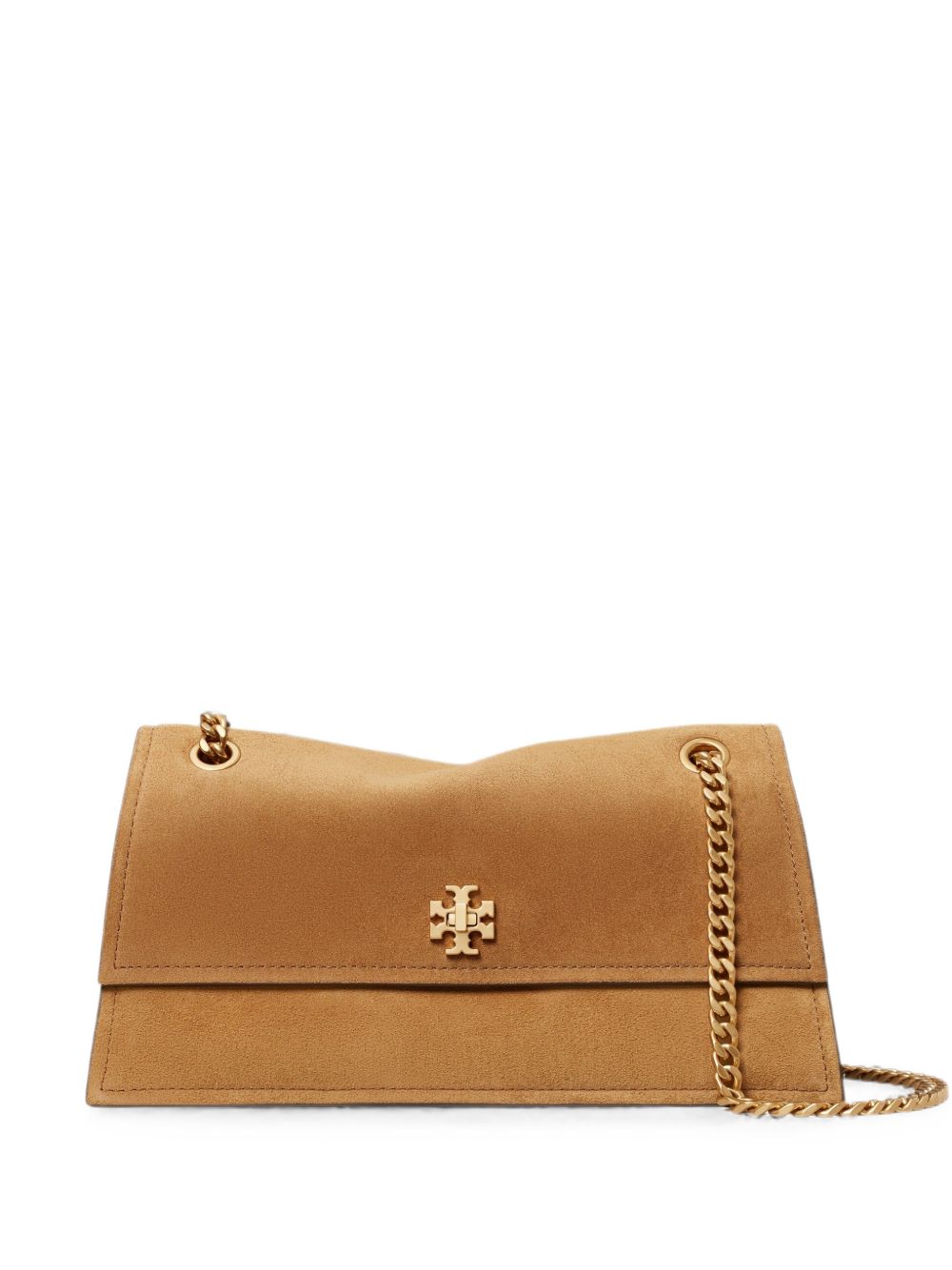 TORY BURCH Borsa Kira Turnlock Suede Shoulder Bag marrone con catena dorata 