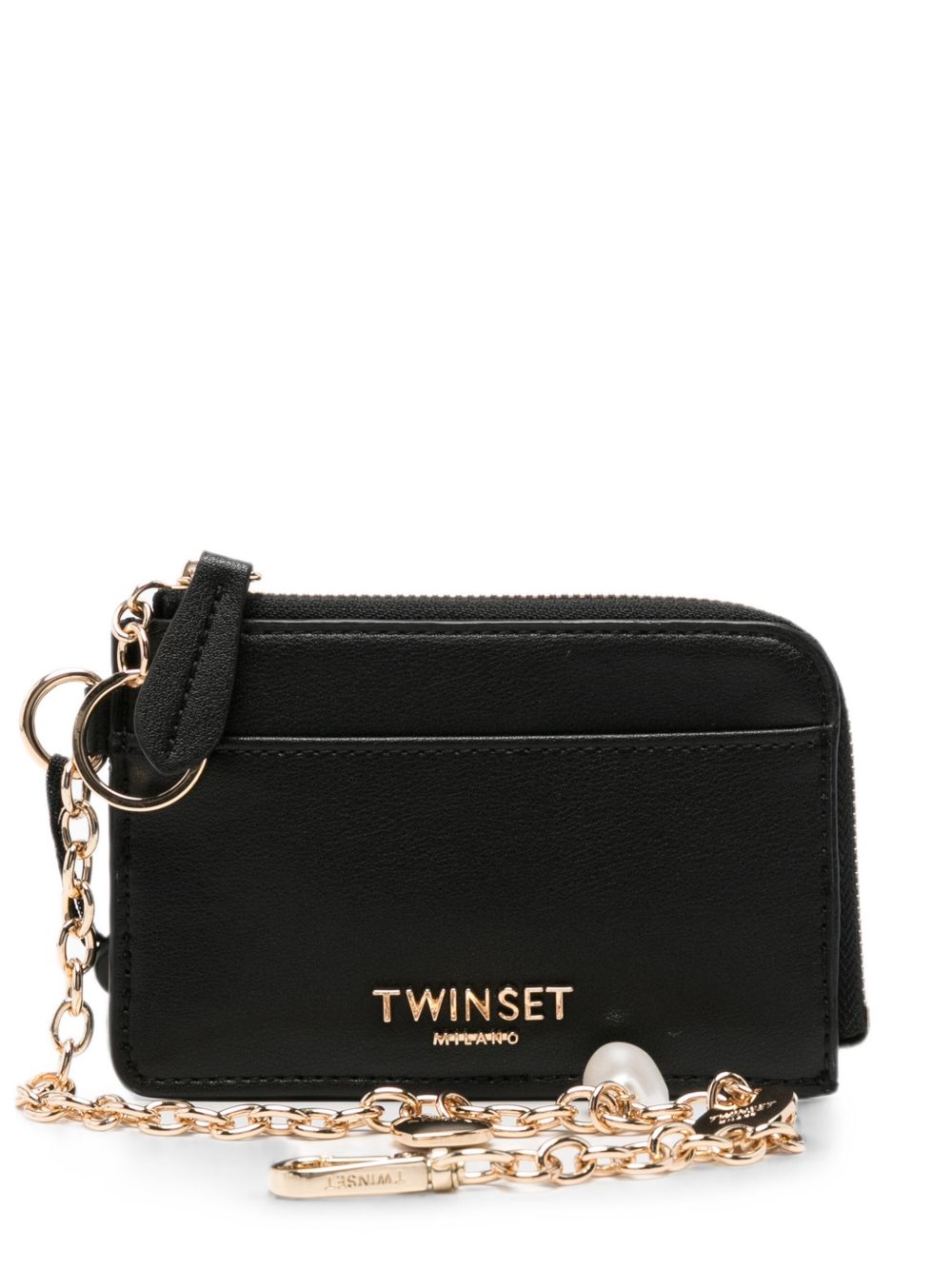 TWINSET Portacarte nero in ecopelle con zip e catenina dorata 
