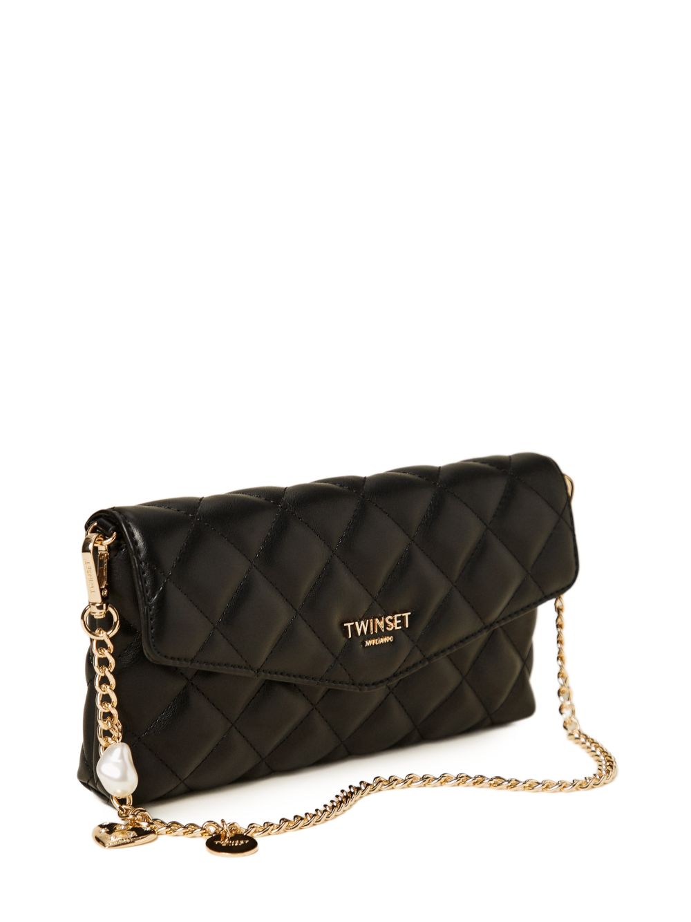 TWINSET Borsa trapuntata a atracolla nera con dettagli oro 