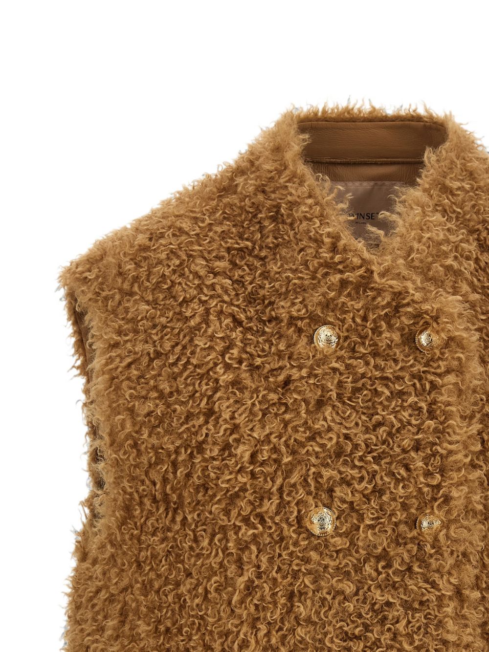 TWINSET Gilet doppiopetto marrone caramello in ecopelliccia 