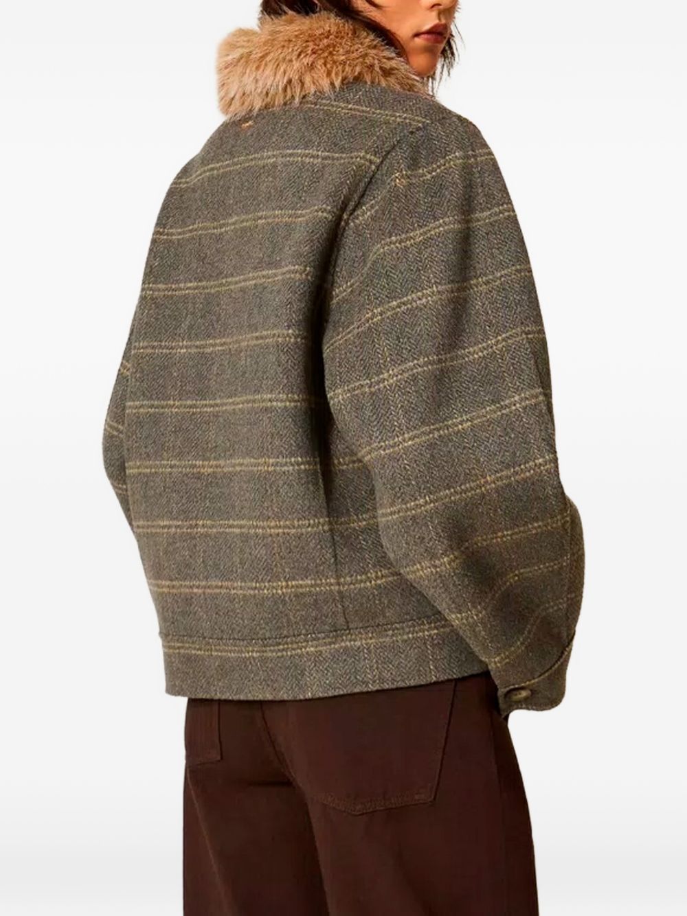 TWINSET Giubbotto in lana tartan grigio con colletto in ecopelliccia 