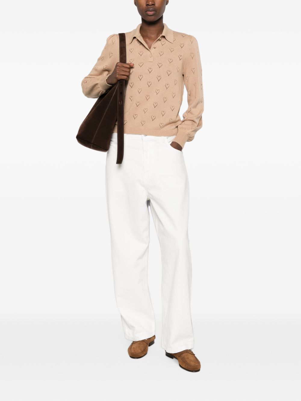 TWINSET Polo color cipria con cuori traforati all-over 