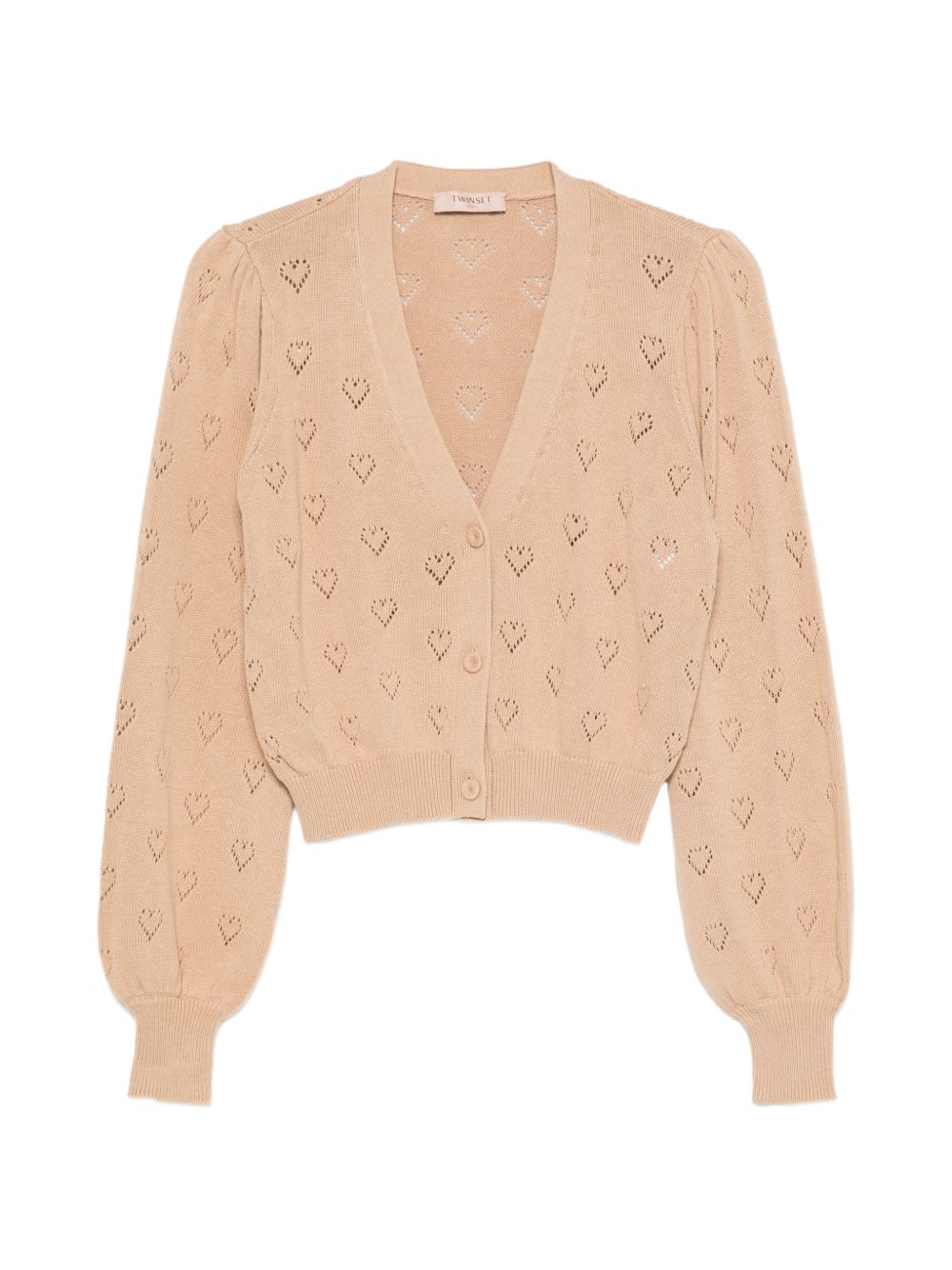 TWINSET Cardigan color cipria con cuori traforati all-over 