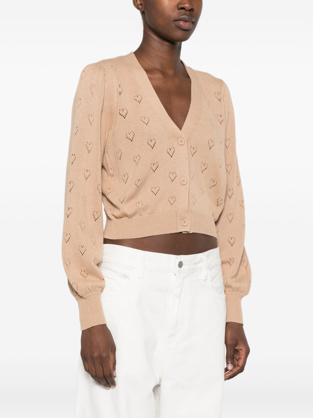 TWINSET Cardigan color cipria con cuori traforati all-over 