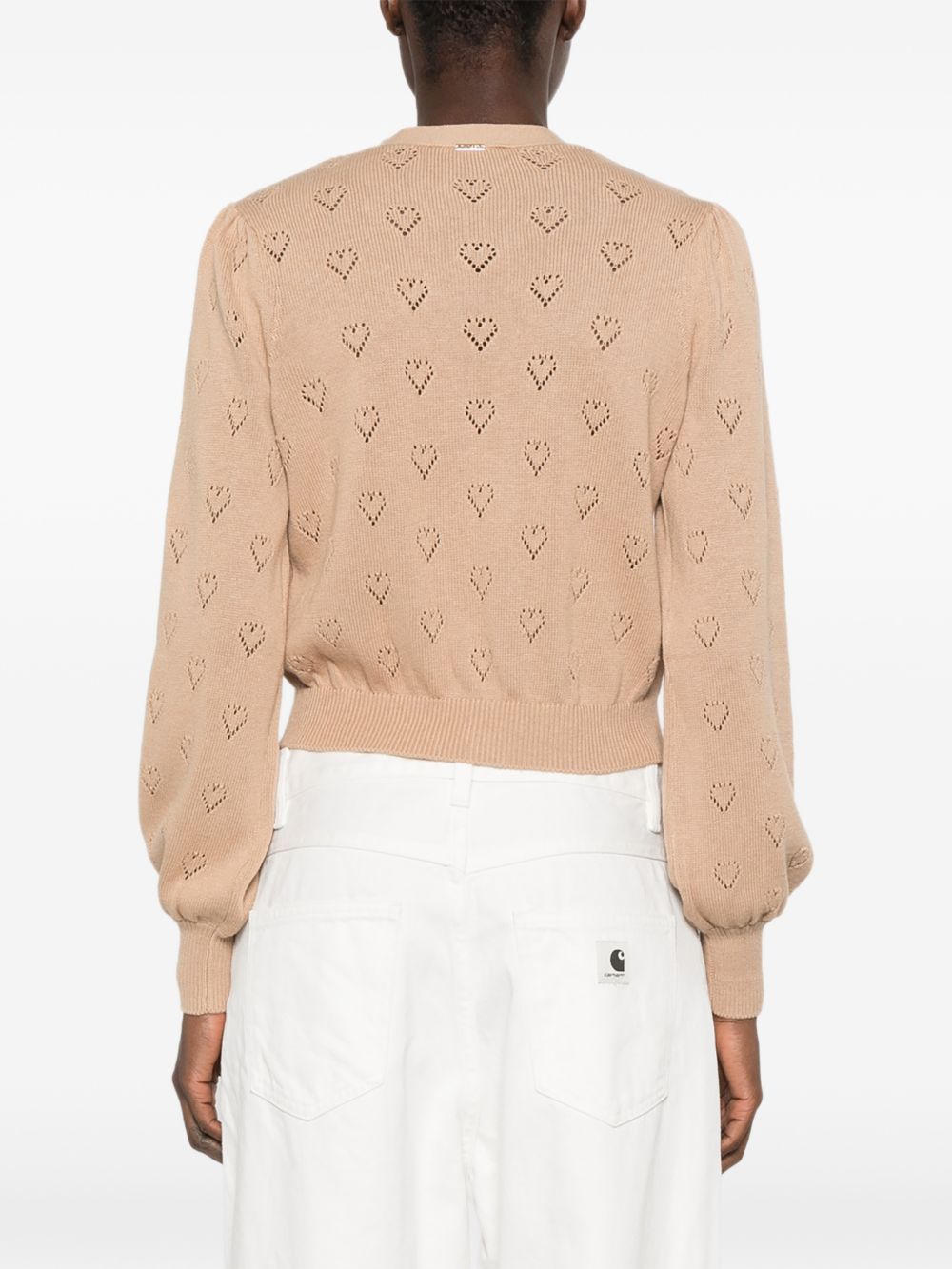 TWINSET Cardigan color cipria con cuori traforati all-over 