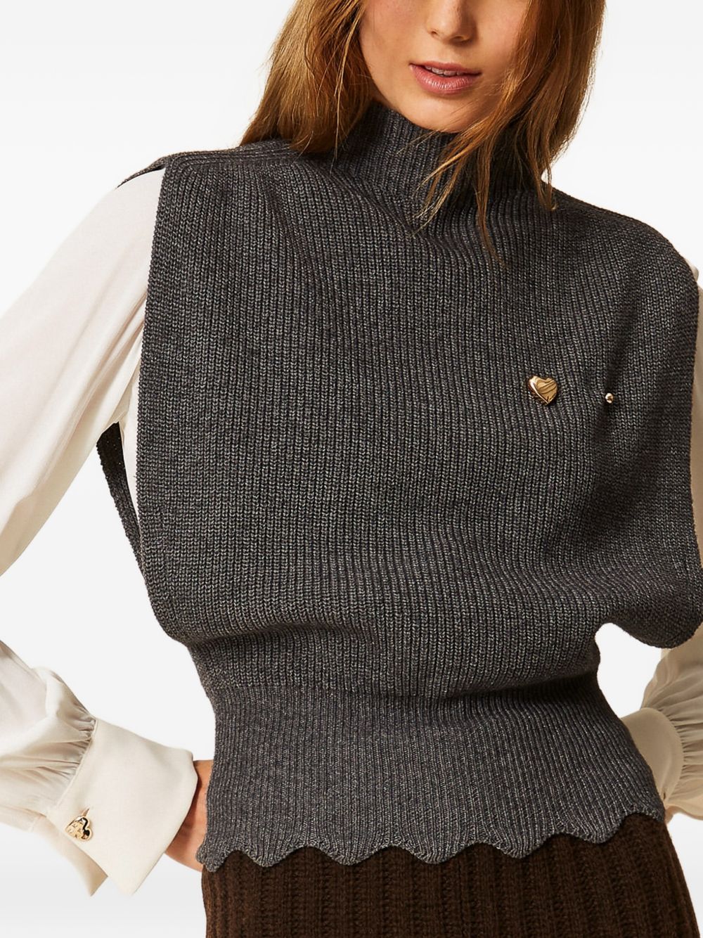 TWINSET Top smanicato grigio in lana con collo alto 