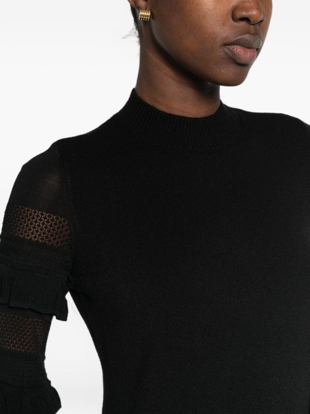 TWINSET Abito corto nero con ruches e inserti semitrasparenti 