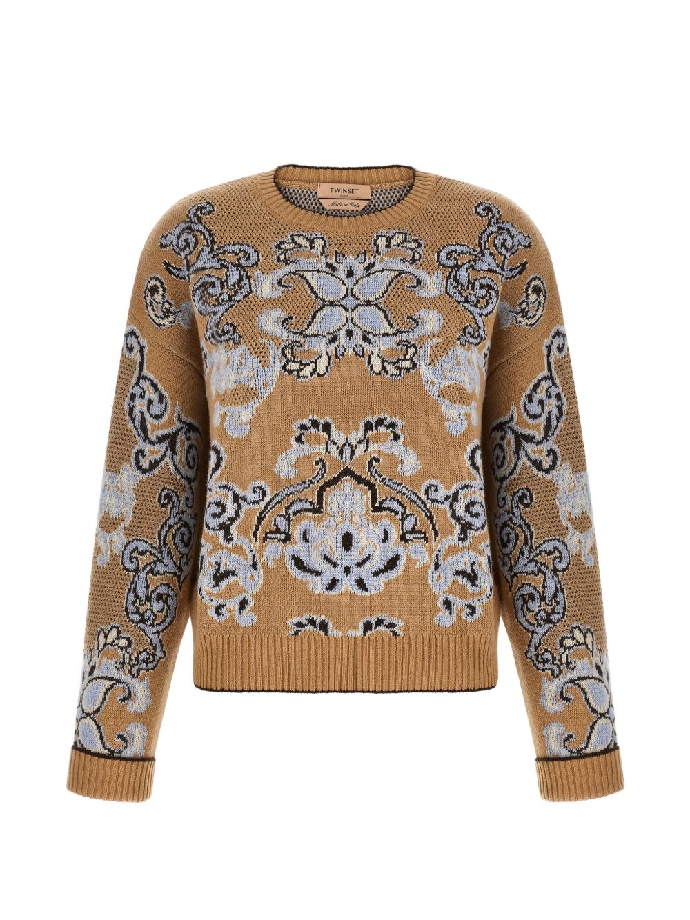 TWINSET Maglia in lana color senape con design floreale azzurro 