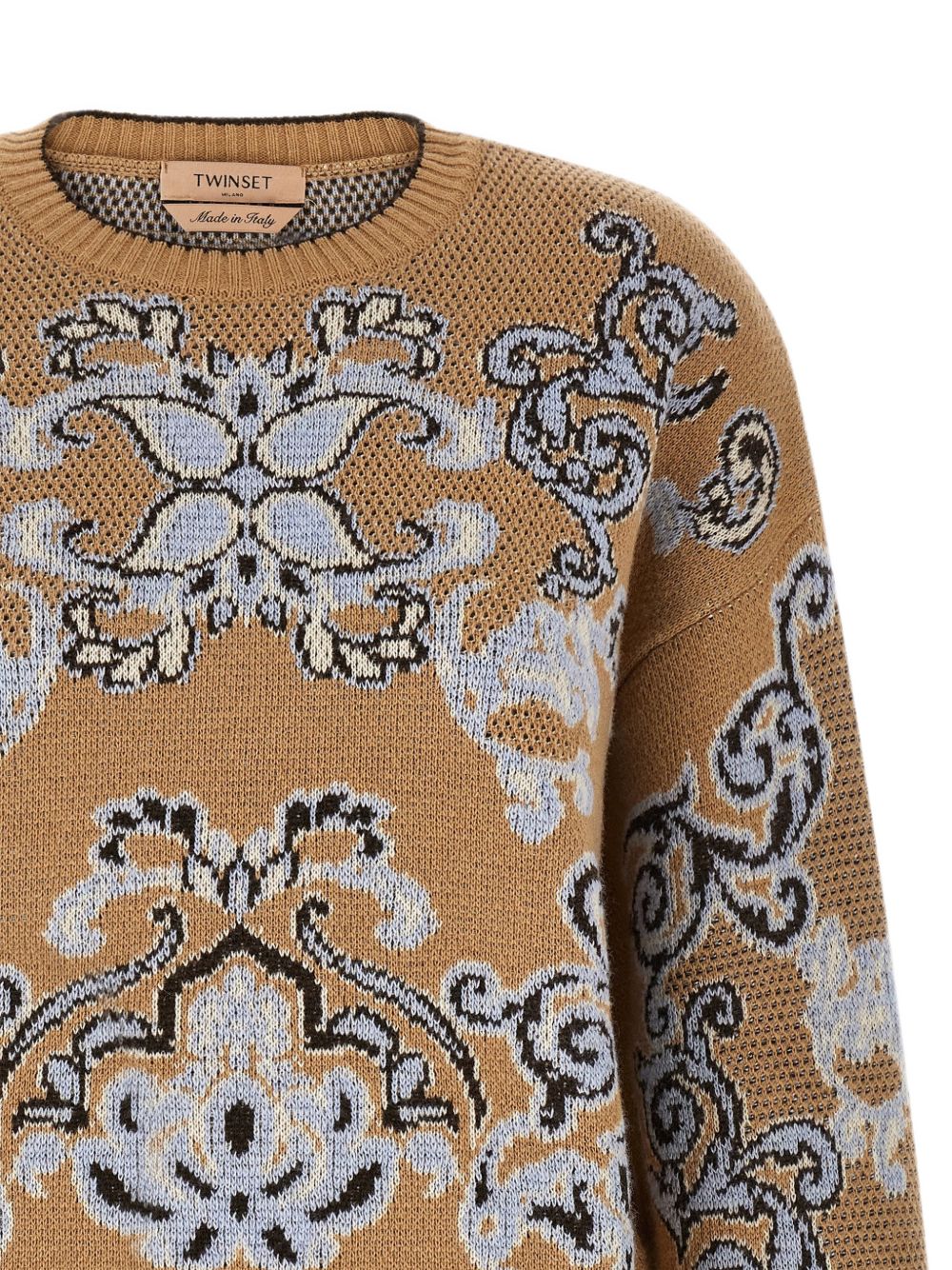 TWINSET Maglia in lana color senape con design floreale azzurro 