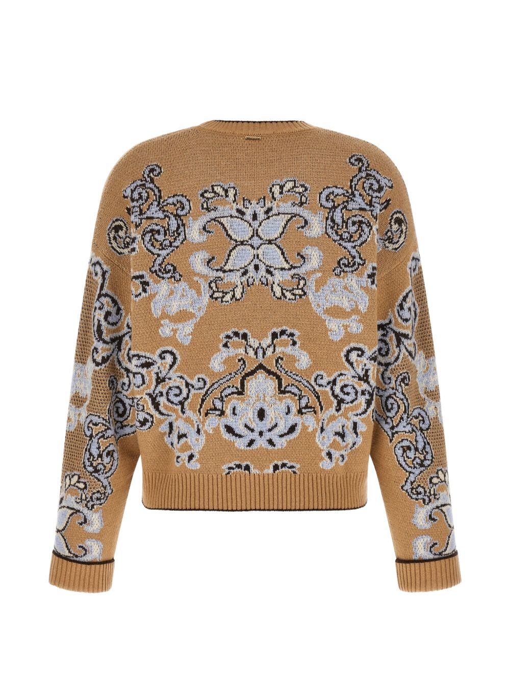 TWINSET Maglia in lana color senape con design floreale azzurro 