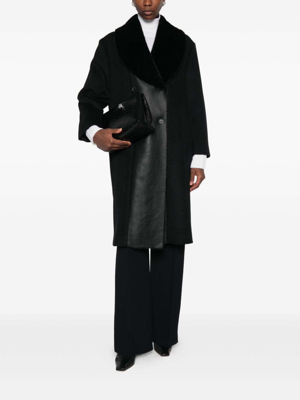 TWINSET Cappotto Doppiopetto Nero in Lana e ecopelle 