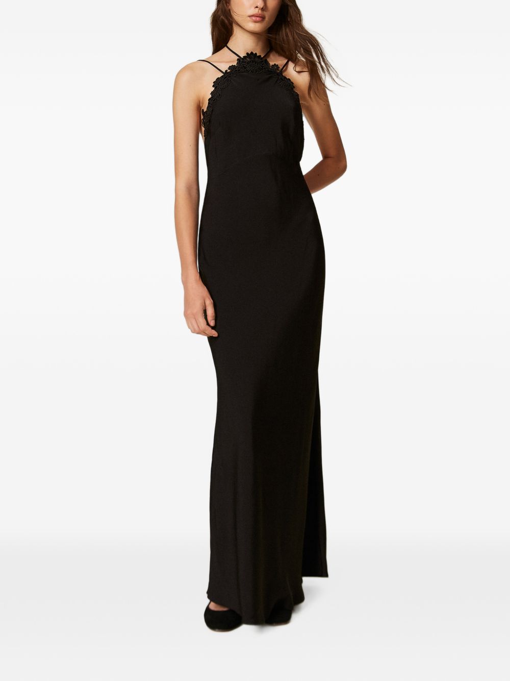 TWINSET Abito elegante nero con pizzo e scollo sulla schiena 