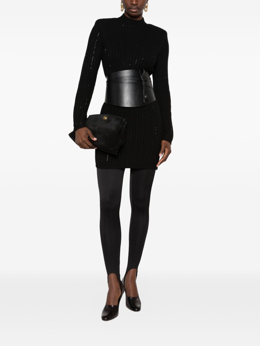 TWINSET Abito corto nero in misto lana con texture traforata 