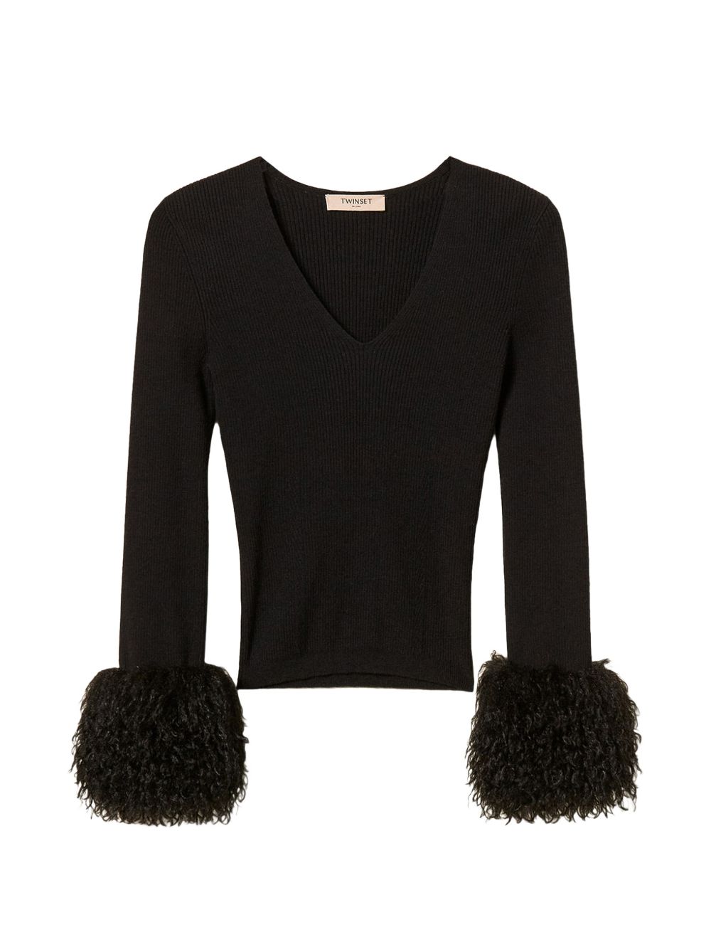 TWINSET Maglia nera con polsini in ecopelliccia 