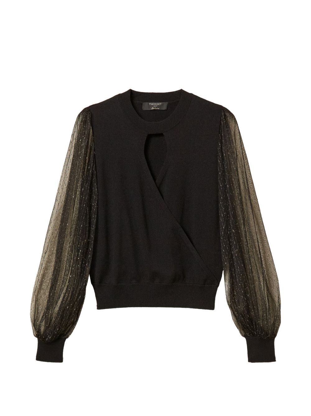 TWINSET Blusa nera di con maniche in tulle plumetis 