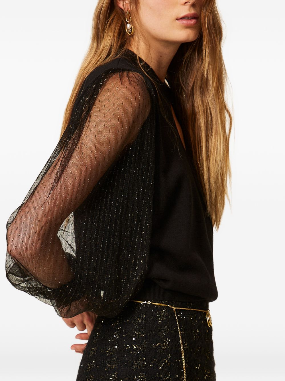 TWINSET Blusa nera di con maniche in tulle plumetis 
