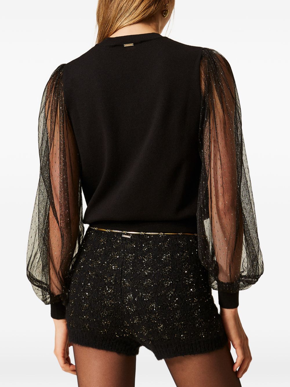 TWINSET Blusa nera di con maniche in tulle plumetis 