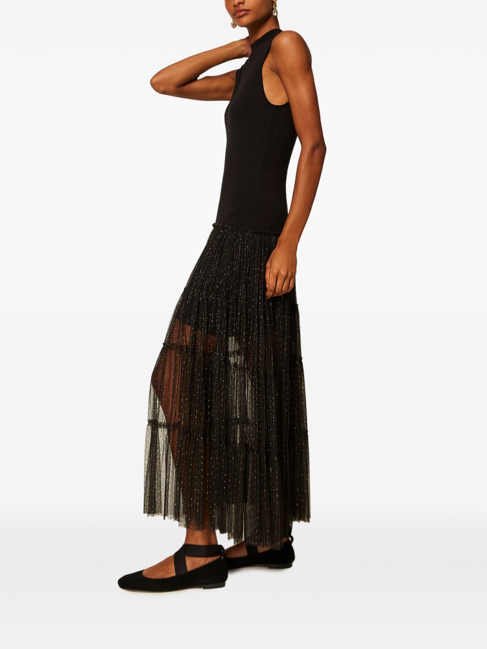 TWINSET Abito nero lungo smanicato in maglia e tulle plumetis 