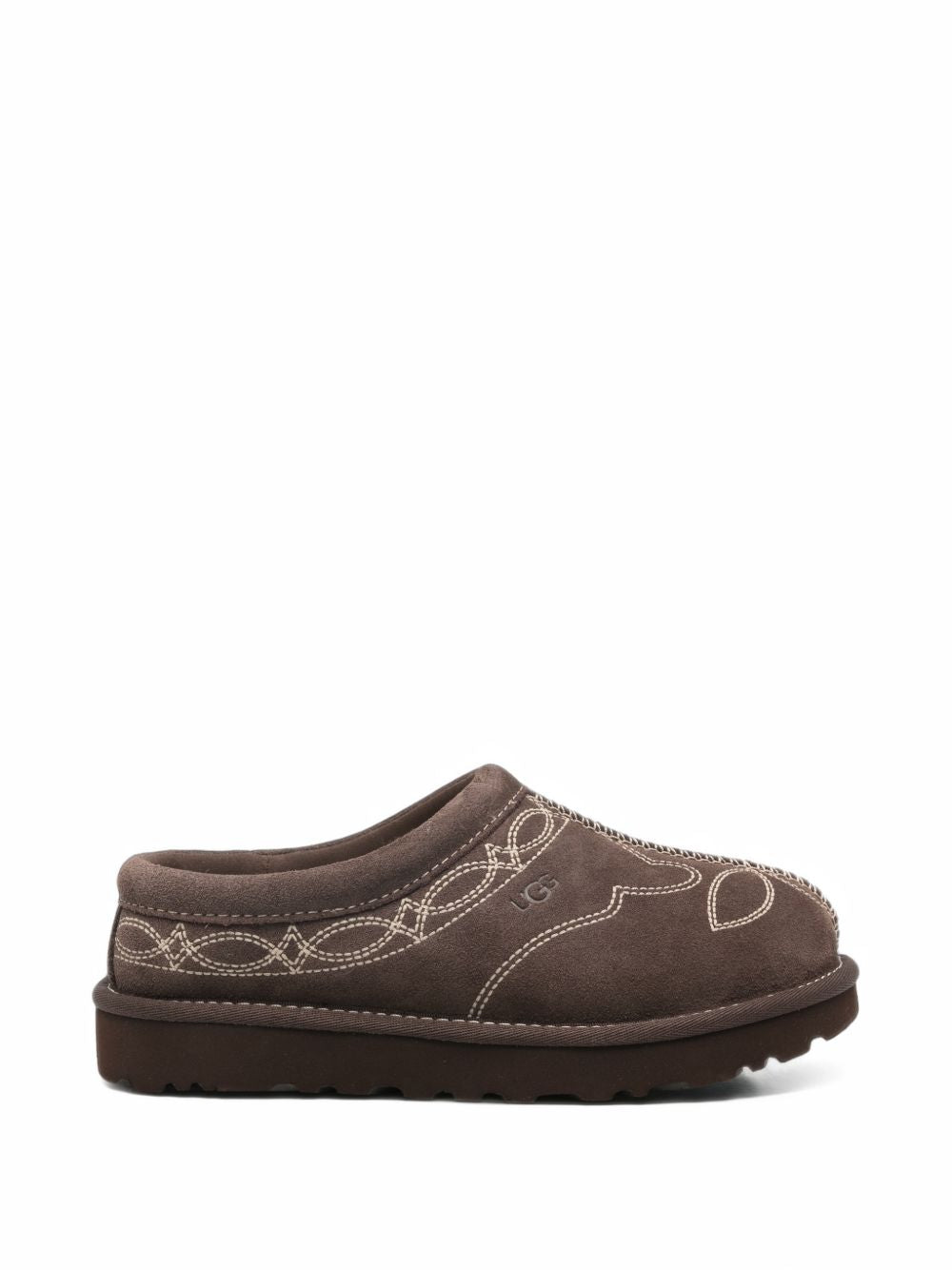 UGG Sabot in pelle marrone scuro con dettagli decorativi 