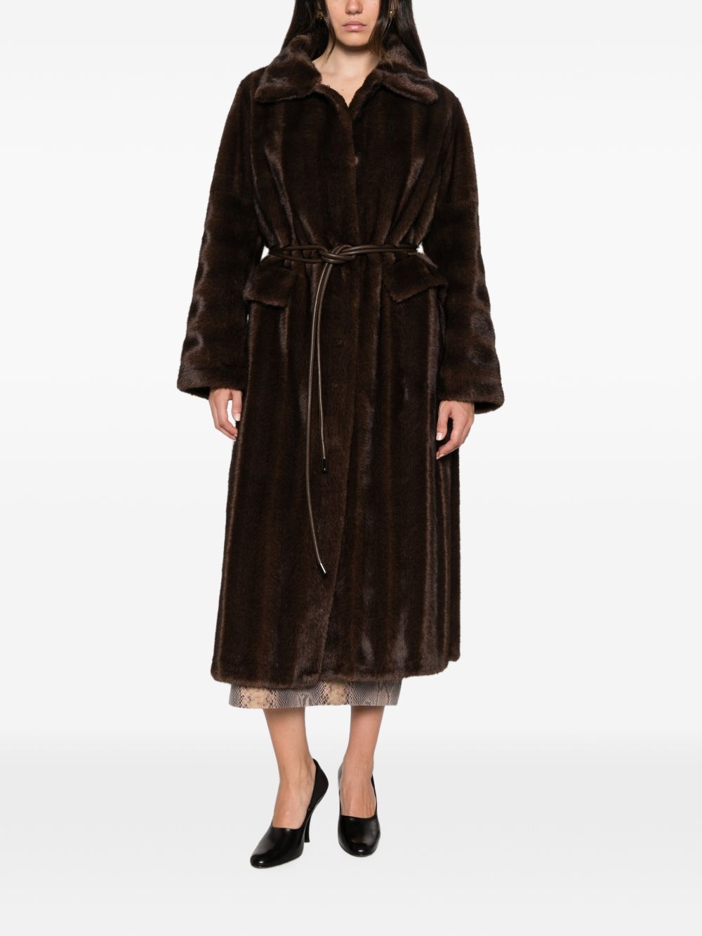 VALENTINI 1972 Cappotto lungo marrone in ecopelliccia con cintura in vita 