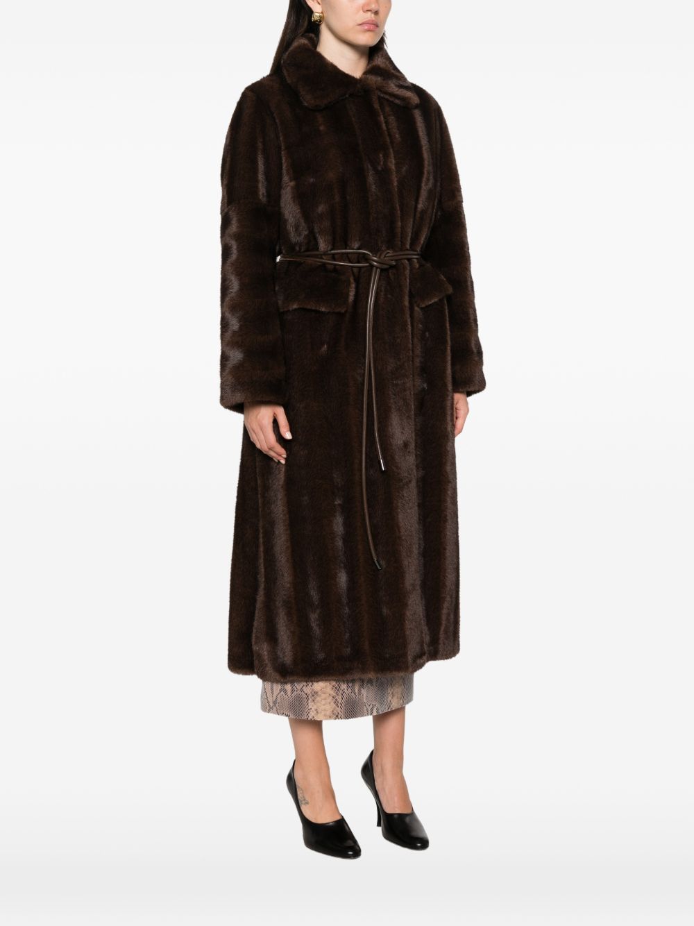 VALENTINI 1972 Cappotto lungo marrone in ecopelliccia con cintura in vita 