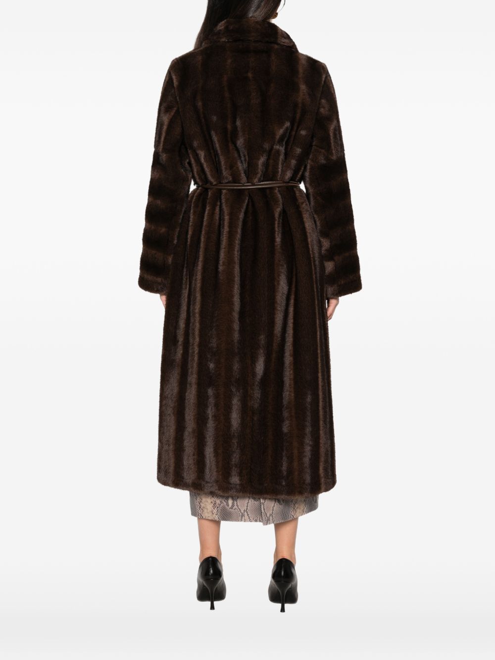 VALENTINI 1972 Cappotto lungo marrone in ecopelliccia con cintura in vita 