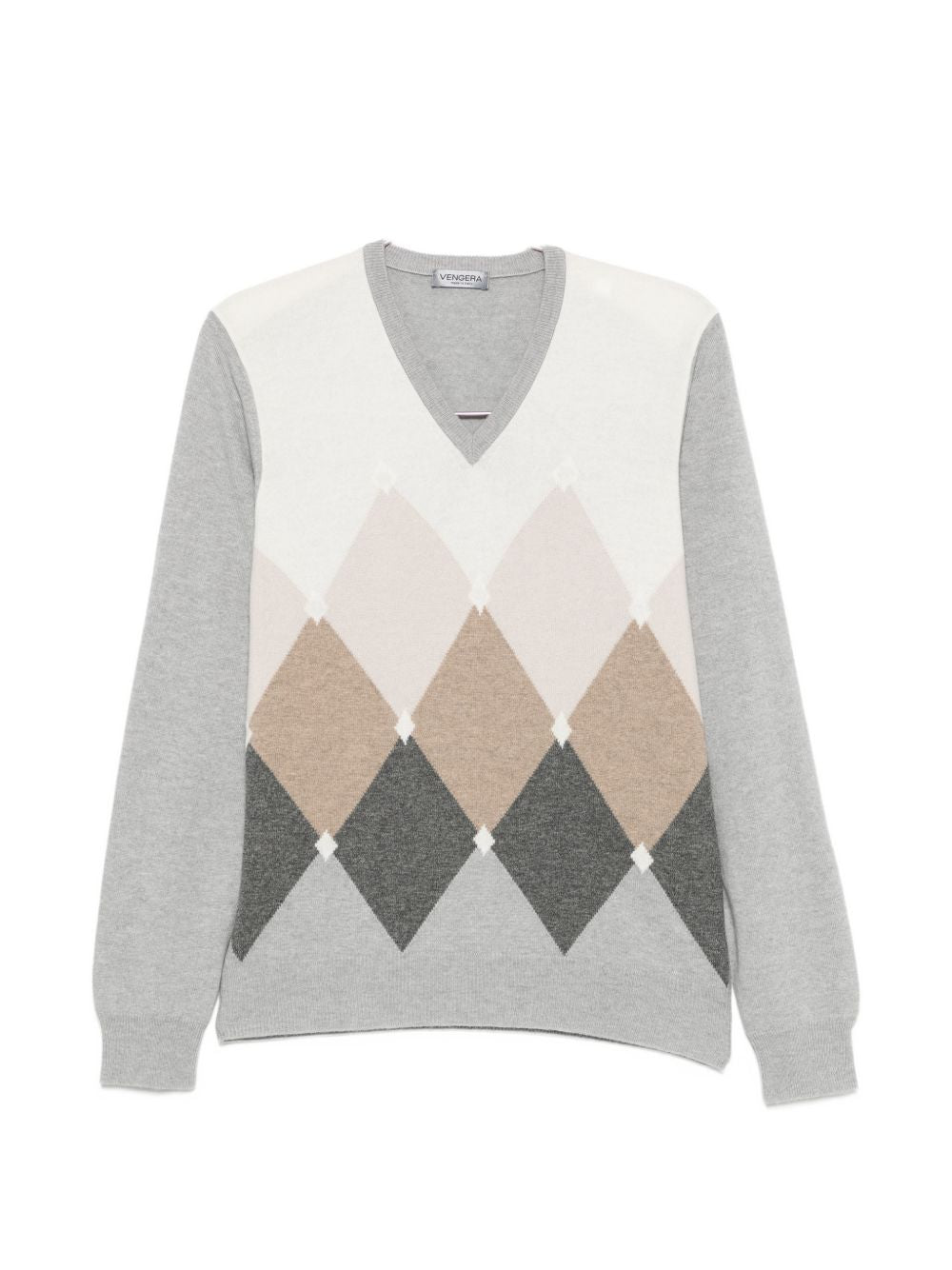 VENGERA Maglia grigia con scollo a V in lana e motivo a rombi 