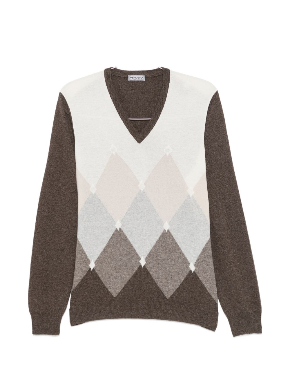 VENGERA Maglia marrone con scollo a V in lana e motivo a rombi 