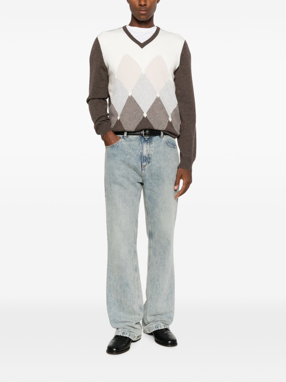 VENGERA Maglia marrone con scollo a V in lana e motivo a rombi 